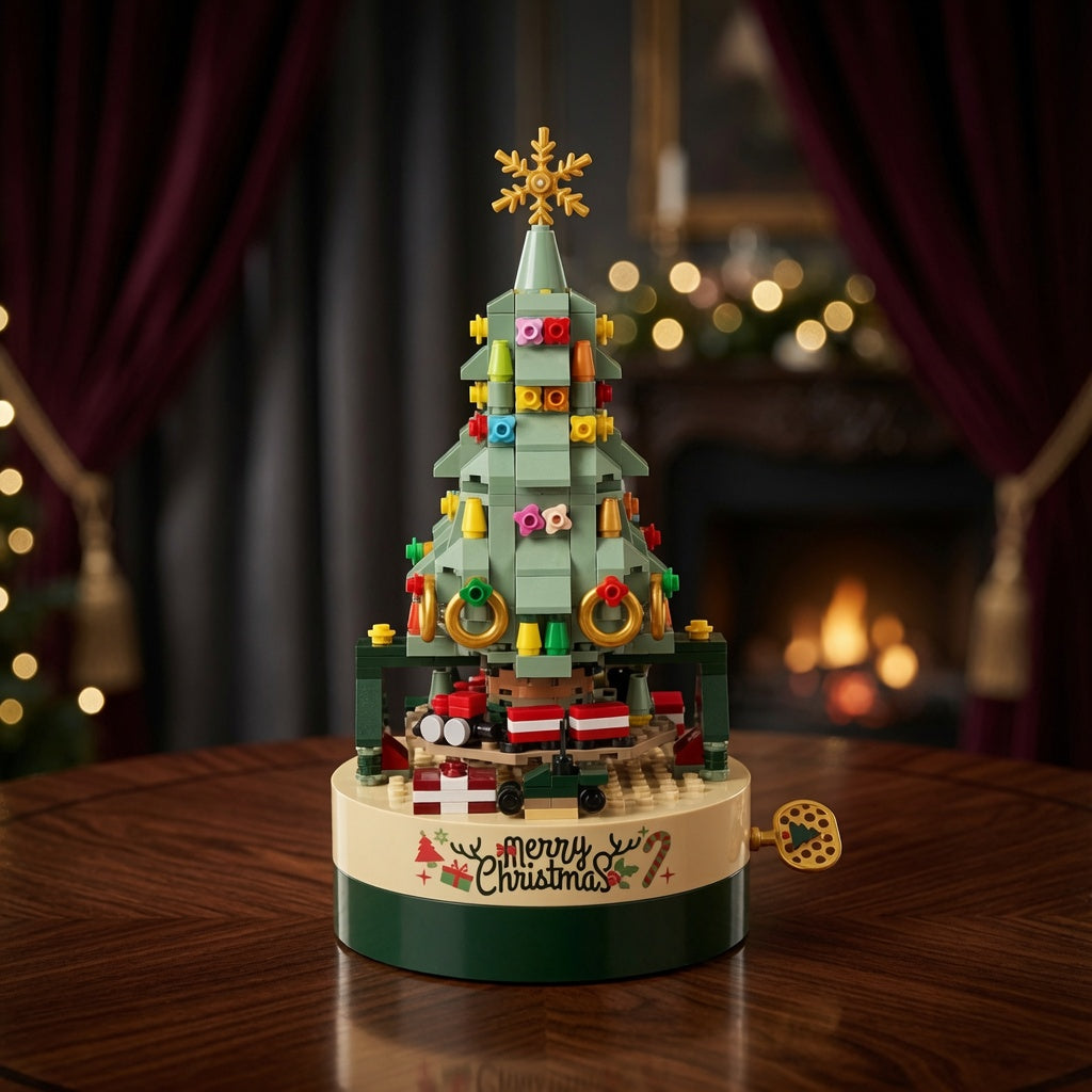 Genuine Jiaqi1302Colorful Christmas Tree Building Blocks Rotating Music Box Chinese Christmas Building Block Gift