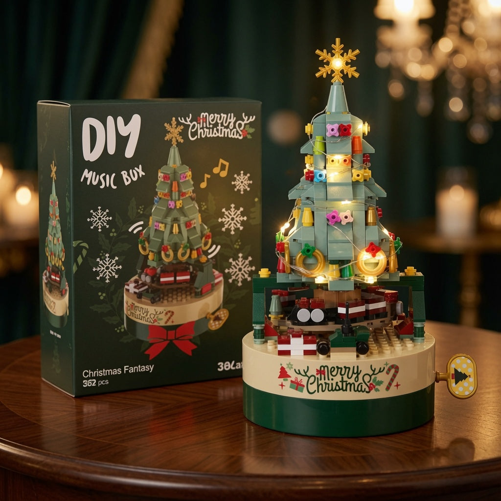 Genuine Jiaqi1302Colorful Christmas Tree Building Blocks Rotating Music Box Chinese Christmas Building Block Gift